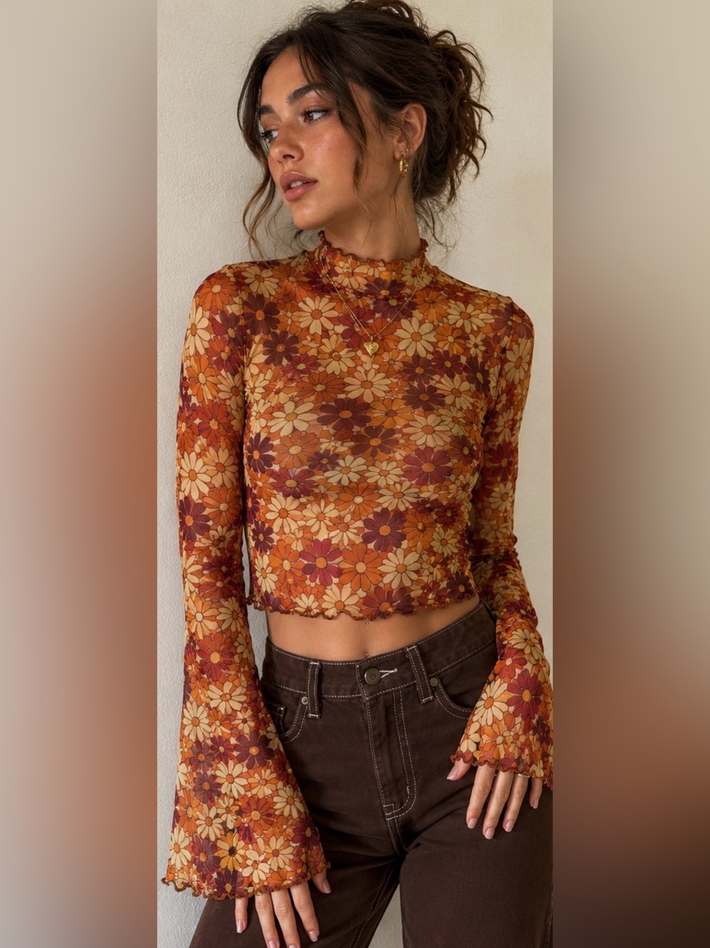Retro 70s Floral Sheer Mesh Bell Sleeve Crop Top